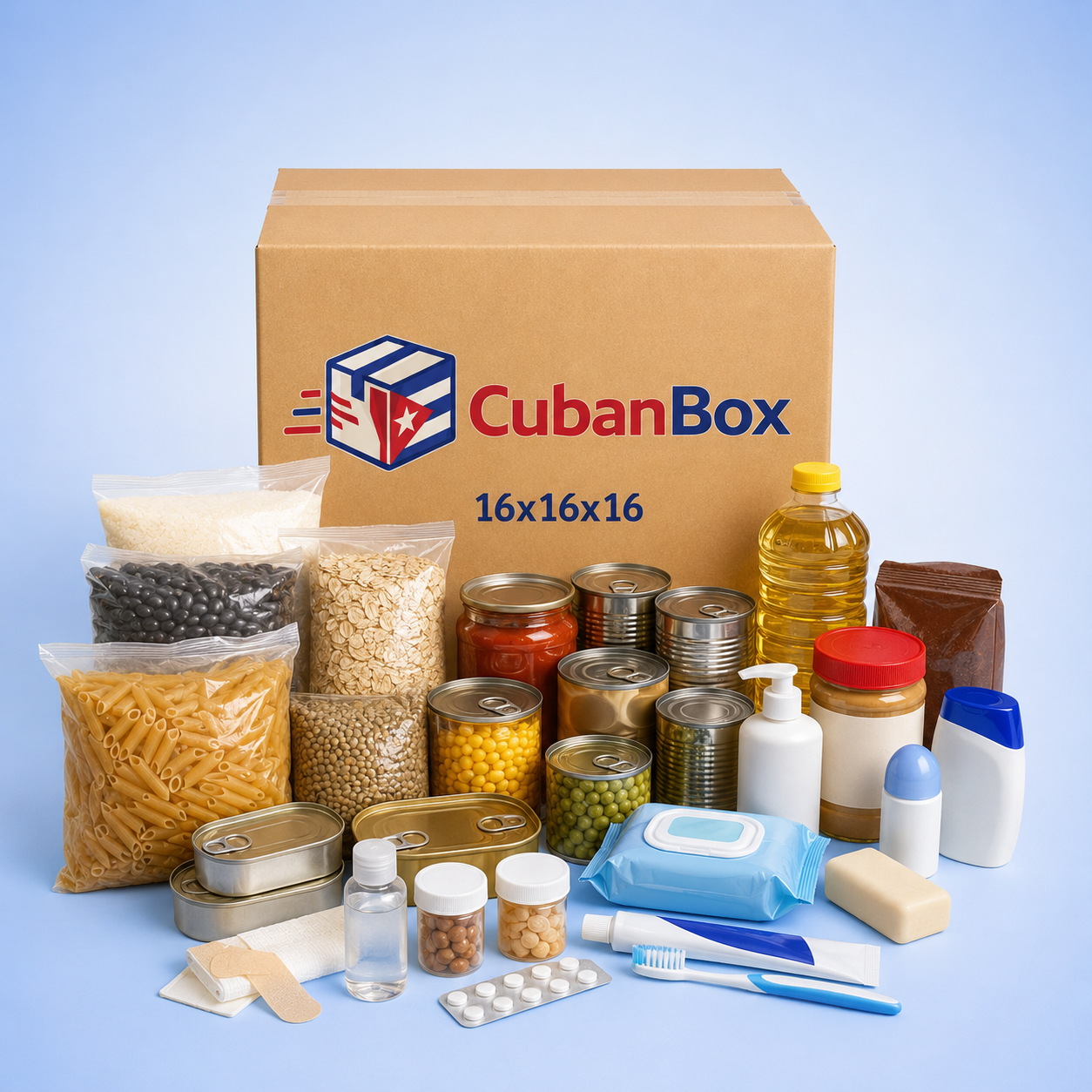 Caja 16×16×16 prearmada con productos incluidos