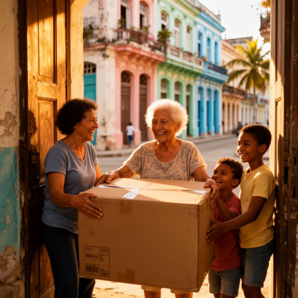Familia cubana feliz recibiendo una caja CubanBox en su casa en La Habana